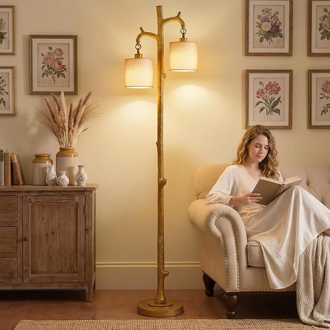 EJIAXIN Farmhouse Floor Lamp for Living Room - 69" Rustic Tree Trunk Standing Lamps - Country Resin Tall Lamp with 2 Reading Light - Tree Floor Lamp for Bedroom Office Home Decor (Ginger)