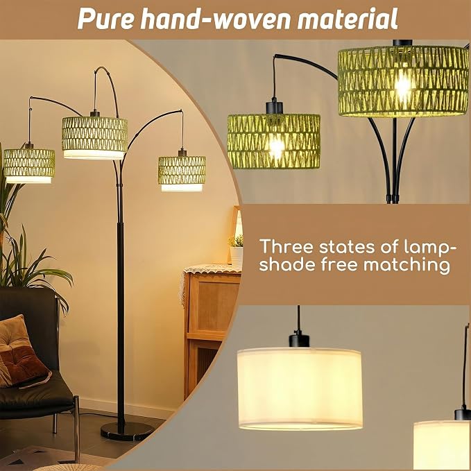 Rattan Floor Lamp for Living Room, 80 Inch Tall Boho Floor Lamp with Rotary Switch, 3 Lights Arc Lamp with Green Wicker Shade for Coastal,Bohemian,Tree Farmhouse Standing Lamp