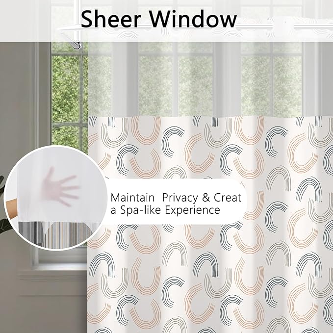 No Hook Shower Curtain with Snap in Fabric Liner Set - Modern Geometric Curve Design, Waterproof Double Layers with Beige & Blue Line for Bathroom Decor, See Through Top Window, 71x74 Inch