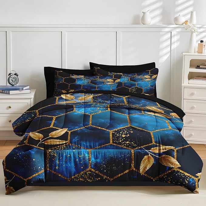 Nesker Comforter Set King Size, Luxury Geometric Hexagon 7 Pcs Bedding for Kids and Adults, Navy Blue Gold Leaves Bed Sheet Sets with Fitted Sheet 2 Pillowcases & 2 Shams