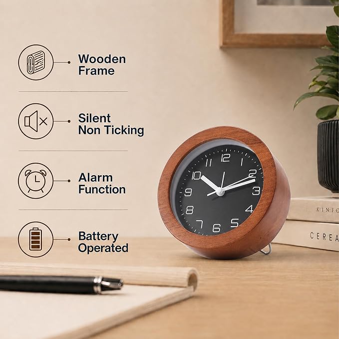 Analog Alarm Clock 5" Silent Non-Ticking Small Solid Wood Desk Clocks Battery Operated Simple Style Retro Table Clock for Office/Bedroom/Kitchen/School/Bedside/Shelf (Dark Wood, Circular)