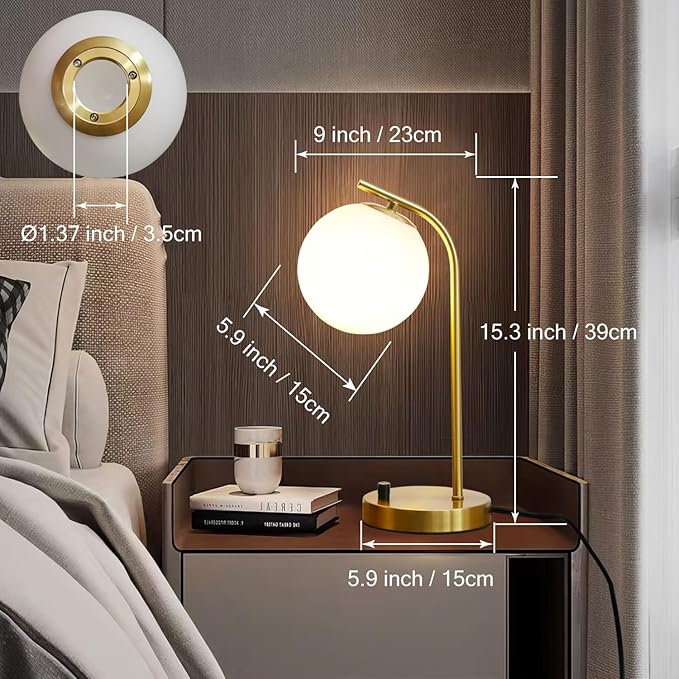 Gold Globe Dimmable Table Lamp Minimalist Nightstand Lamps Mid Century Modern Desk Lamp with Milk White Glass Shade Metal Base for Dorm, Living Room Bedroom, Office,Kids Room (Tall)