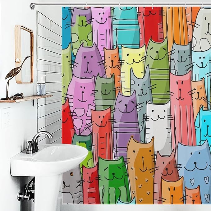 Cat Shower Curtain,Cartoon Cute Cat Pets Colorful Funny Animals Bathroom Curtain Polyester Waterproof Fabric Decor 72x72in（183x183cm）