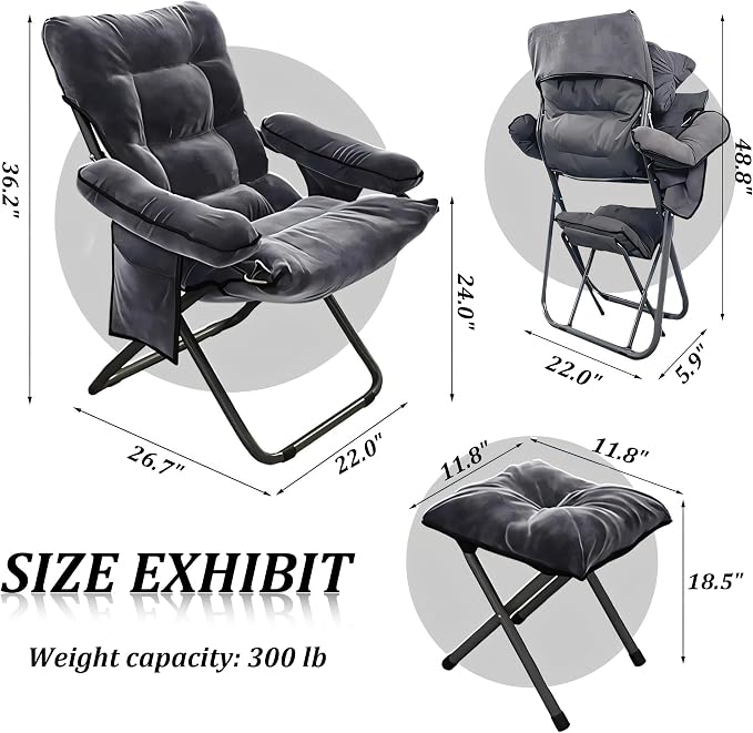 Lazy Chair with Ottoman, Folding Lounge Reclining Sofa Chair with Armrest Modern Comfy Lounge Chair with Side Pocket Leisure Chair for Bedroom, Living Room, Office, and Balcony, Grey