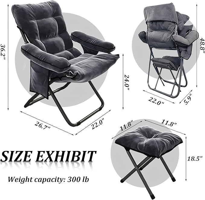 Lazy Chair with Ottoman, Adjustable Lazy Chaise Lounge with Side Pocket Folding Lounge Reclining Sofa Chair with Armrest for Bedroom Living Room Balcony, Grey