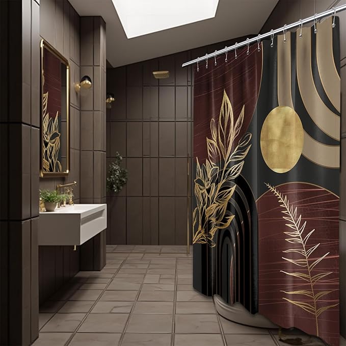 Dark Brown and Black Shower Curtain Boho Mid Century Gold and Brown Shower Curtains for Bathroom Decor, Waterproof Cloth Fabric with Hooks, 70" W x 84" L