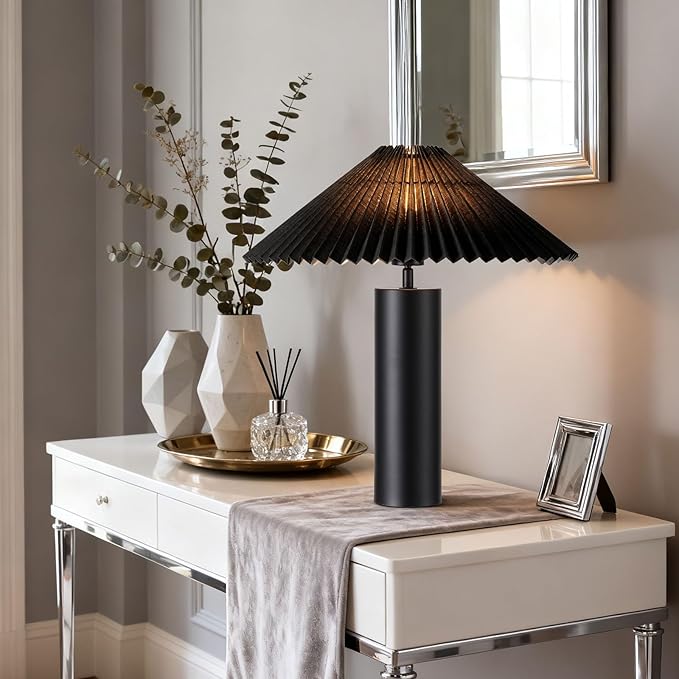 Modern Table Lamp with Metal Blade Lampshade and Cylindrical Base, E26 Bulb Compatible, Contemporary Accent Light for Living Room, Bedroom, Office (Black)