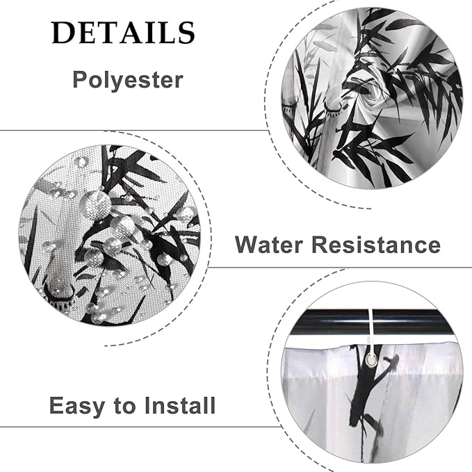 Baocicco Black White Bamboo Shower Curtain Chinese Ink Painting Plant Art Aesthetic Shower Curtains Decorative for Bathroom Waterproof Fabric Shower Curtain with Hooks 60x72 Inches