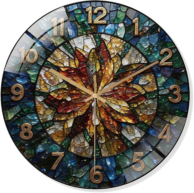 16 Inch Floral Mosaic Glass Wall Clock Silent Art Decor | Silent glossy wall clock with a vintage stained glass mosaic design, perfectly tracking time for your living room