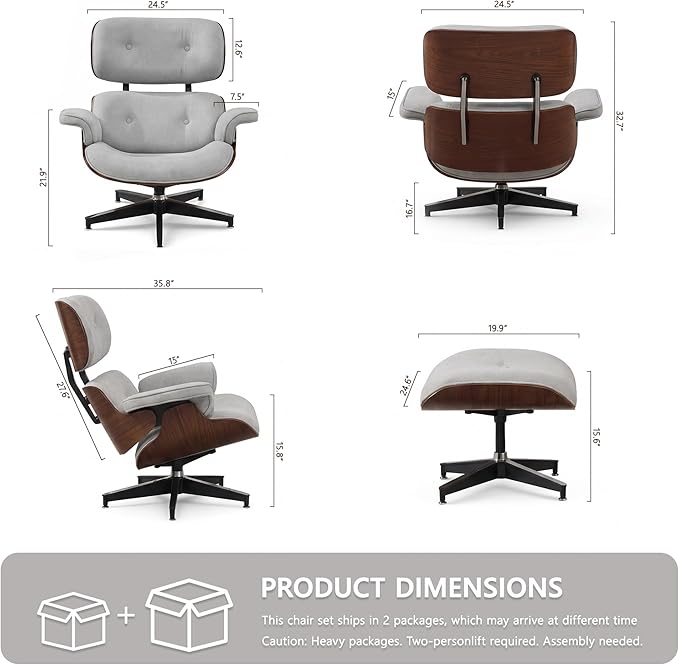 Chaise Lounge Chair with Ottoman, Top Black Grain Leather Recliner Chair, Modern Classic Office Chair with Ergonomic Lumbar Support, Heavy Duty Base Support for Bedroom Living Room Office (Grey)