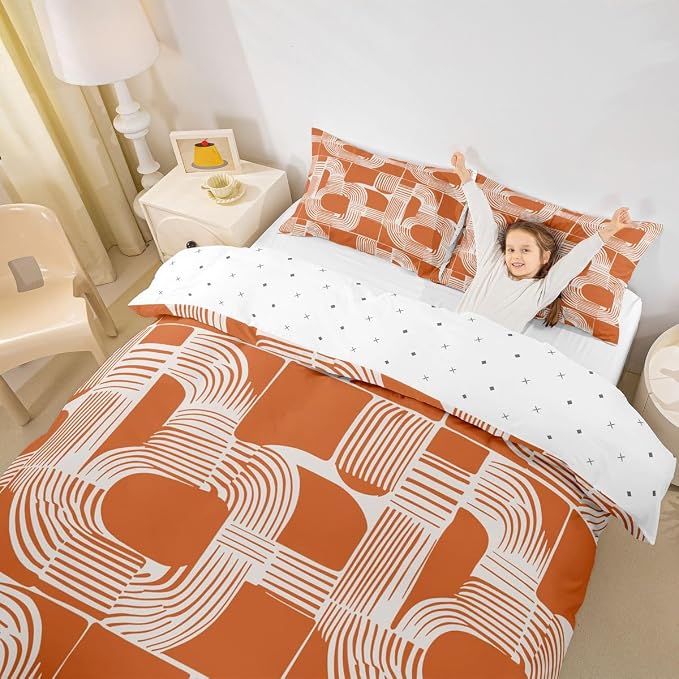 Erosebridal Mid Century Kids King Bedding Set Bohemian Ethnic Comforter Cover for Boys Teens Adult Boho Geometric Duvet Cover 3-Piece Modern Simple Orange Stripes Bed Sets Lightweight Bedroom Decor