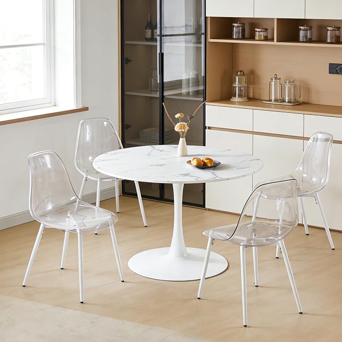 KEIKI 42.1" Round Dining Table, Mid Century Modern Bistro Table with Thickened MDF Tabletop & Metal Pedestal, for 4-6 People, Small Places, Cafe, Kitchen, Living Room, Faux Marble White