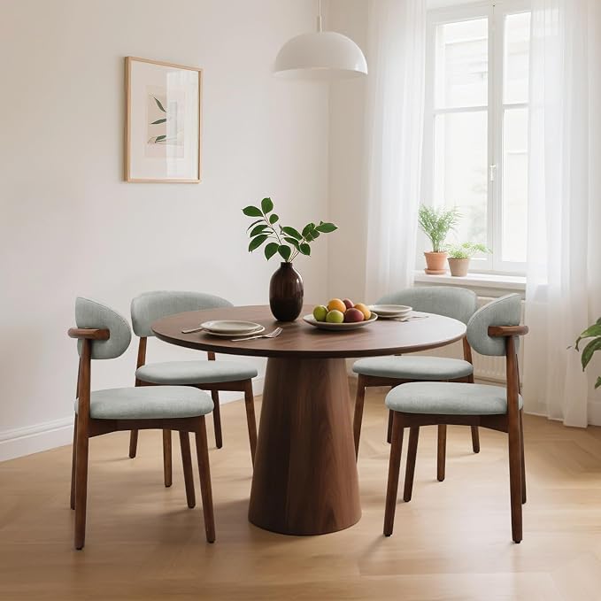 Farmhouse Dining Chairs Set of 4, Mid Century Modern Fabric Upholstered Kitchen Chairs, Wooden Dining Room Chair with Curved Back for Kitchen Dining Room Restaurant Cafe, Light Green (Only Chairs)