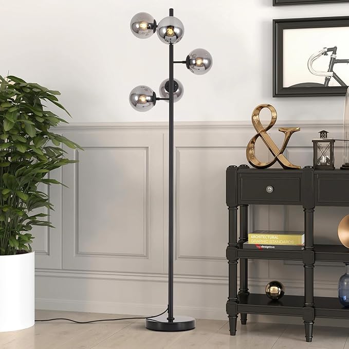 KCO Lighting Smoked Glass Floor Lamp Modern Globe Floor Lamp Farmhouse Black Standing Lamp Multi Head Floor Lamps for Living Room Bedrooms Office