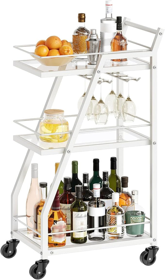 Bar Cart for The Home, Small Bar Cart on Wheels, Home Bar Serving Cart with Glass Holder, for Kitchen, Transparent and White BC03WT