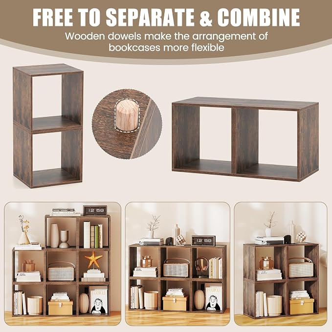LOKO Stackable 2 Cube Storage Organizer, Cubby Storage Bookcase with Anti-toppling Device, 2-Tier Bookshelf, Combinable Record Player Stand for Living Room, Bedroom, Study (1, Rustic Brown)