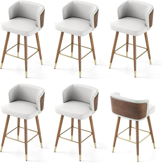 ARTPLAN Mid Century Modern Bar Stools Set of 6 for Counter Height - Leather Upholstered Seat with Walnut Wood Frame, Retro 34 Inch Bar Chairs for Home Kitchen Island, Bar, Breakfast Nook,White