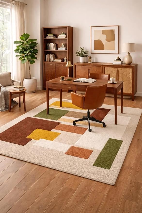 Hand Tufted Wool Geometric Rug-Mid-Century Modern Abstract Geometric Wool Earth Tone Green, Mustard & Terracotta Rug - Handmade Tufted Area Rug for Home Decor (8x10 Square Feet)