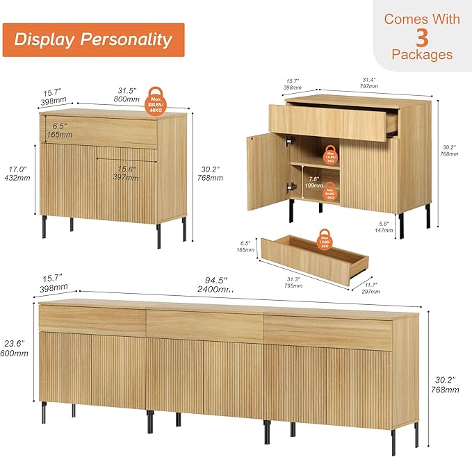 WAMPAT 94.5" W Large Sideboard Buffet Cabinet with Storage,3 in 1 Fluted Sideboard Buffet with 6 Doors, Wooden Buffet Table, Coffee Bar Wine Bar Cabinet for Kitchen, Dining Room, Living Room, Oak