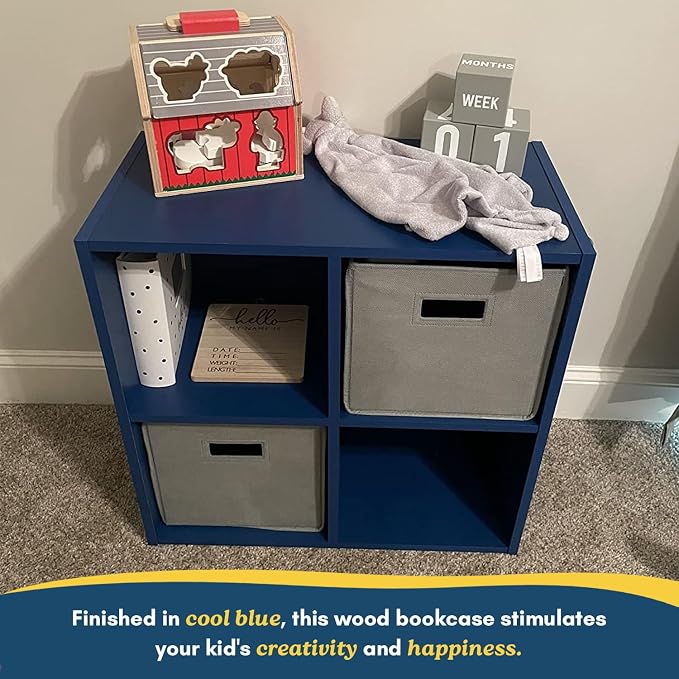 Kings Brand Furniture George 4-Cube Storage Organizer, 2-Tier Bookcase with Wood Shelves for Living Room, Bedroom, Nursery, or Home Office (Blue, 1-Pack)