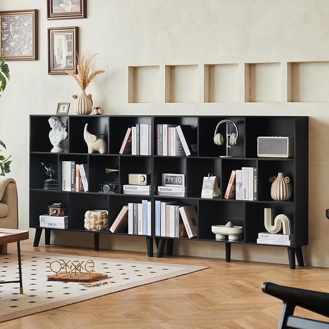 LEYAOYAO 10 Cube Bookshelf,3 Tier Modern Wide Bookcase with Legs,Mid-Century Wood Bookshelves Storage，Black Large Book Case,Freestanding Organizer Display Shelf for Bedroom,Living Room,Office