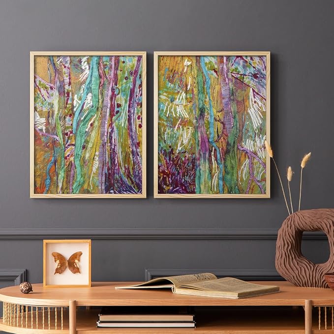 Renditions Gallery Set of 2 Peel & Stick Framed Prints, Modern Abstract Wall Art, Colorful Artistic Painting Wall Decor, Re-Stickable - Ready to Hang - 16"x20" - NATURAL WOOD Frame LT588
