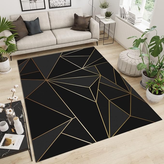 5x6 Area Rugs Golden Triangle Geometric Easy Clean Rug, Black Creative Line Soft Non-Skid Carpet Throw Rugs for Kids Teen Girls Boys BedroomLiving Room Bathroom Classroom Office