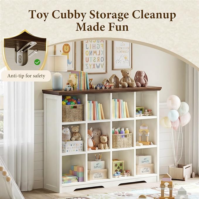 OffiGo 12 Cube Organizer Bookcase, Modern Farmhouse Open Shelf for Storage Bins & Decor, Display Bookshelf Console Closet for Living Room, Bedroom, Home Office, Walnut+White