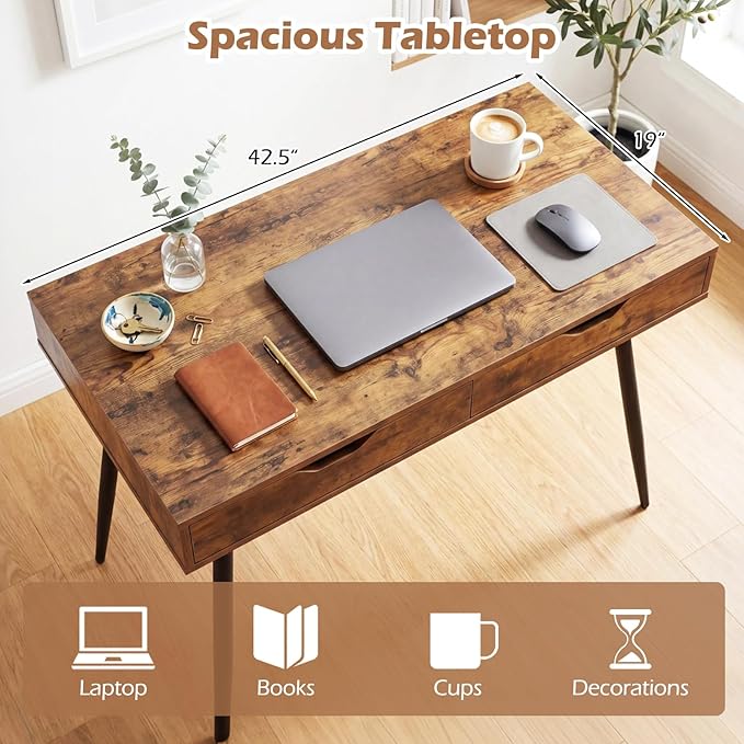 Giantex Mid-Century Desk with 2 Drawers, 42.5" Writing Study Desk with Tapered Legs, Home Office Computer Workstation PC Laptop Desk, Modern Makeup Vanity Table for Bedroom (Walnut)
