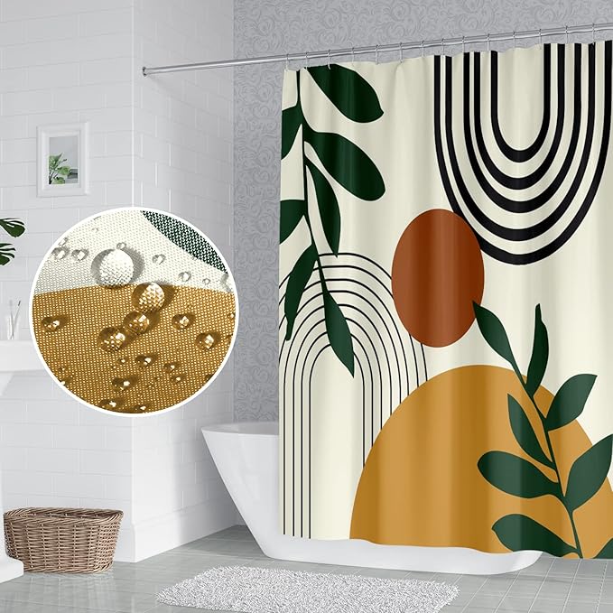 Abstract Mid Century Bohemian Bathroom Shower Curtain Orange Sun Green Eucalyptus Leaves Arch Shower Curtain with Hooks Waterproof Fabric Polyester Shower Curtain Home Decor, 72x72 Inch