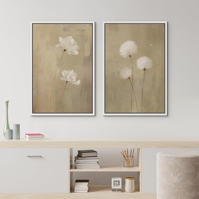IDEA4WALL Framed Canvas Print Wall Art Set Neutral Floral with White Flowers and Dandelions Illustrations Modern Art Decorative Bohemian Calm/Zen for Living Room, Bedroom, Office - 16"x24"x2 White