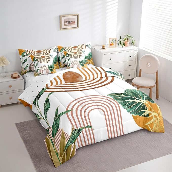 Erosebridal Mid Century Boho Bed in A Bag 7 Pcs Simple Retro Tropical Palm Leaf Comforter Set for Kids Boys Orange Pink Sun Arch Minimalist Bedding Sets Twin Abstract Line Sheet Set with Comforter