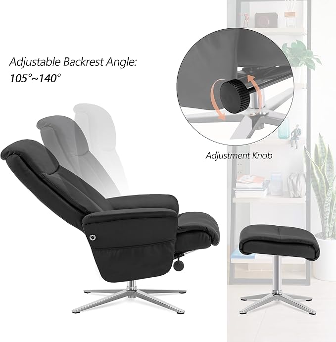 MCombo Swivel Recliner with Ottoman, Modern Heavy-Duty Aluminum Base, Faux Leather Lounge Chair for Small Space, Living Room, or Office 4603 (Black)