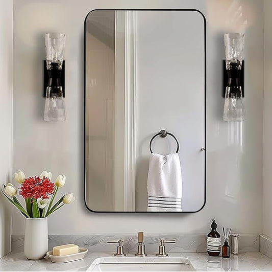 ANDY STAR 30”x48” Black Bathroom Mirror, Wall Mirror for Bathroom, Rounded Rectangle Mirror in Premium Stainless Steel Metal Frame Hangs Horizontal Or Vertical (Matte Black)