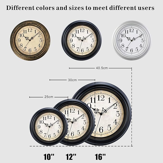 Plumeet Extra Large Retro Wall Clock, 16'' Non Ticking Classic Silent Vintage Wall Clocks Decorative Kitchen Living Room Bedroom - Battery Operated, Black