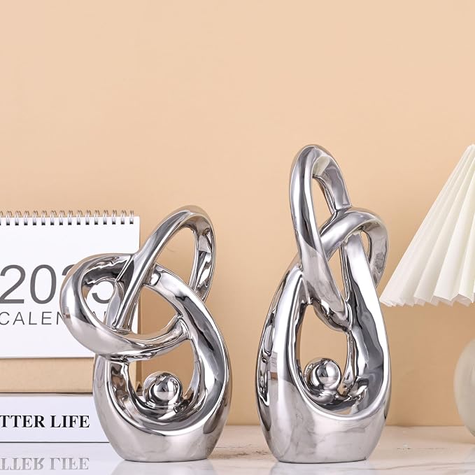 Silver Modern Abstract Art Home Decor Accent,Statues Coffee Table Decor for Living Room,Table Centerpieces for Dining Room,Ceramic Sculptures and Silver Knick Knacks for TV Stand Decor