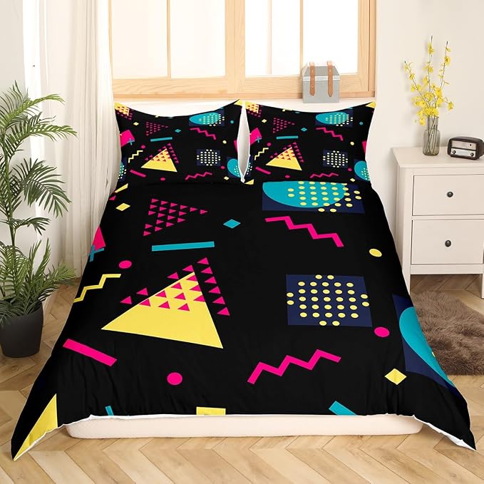 Memphis Duvet Cover Set King Size, Retro 80s 90s Geometric Fashion Style Bedding Set for Kids Boys, Triangle Circle Vintage Comforter Cover Soft Polyester Quilt Cover with 2 Pillowcases,No Comforter