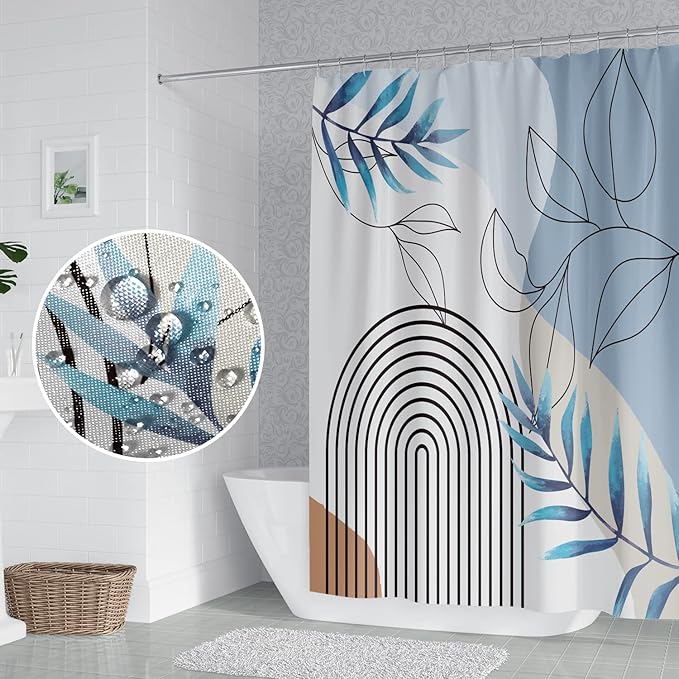 Abstract Mid Century Bathroom Shower Curtain - Bohemian Eucalyptus Leaves Stripes Arch Light Blue With Hooks, Waterproof Fabric Polyester Home Decor, 72x96 Inch