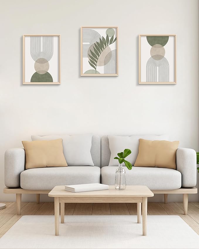 HesenDot Boho Sage Green Framed Wall Art, 12x16in High Framed Design Canvas Prints Wall Decor,Minimalist Abstract Green Poster Home Decoration for Living Room Bedrrom Gallery Office,Set of 3