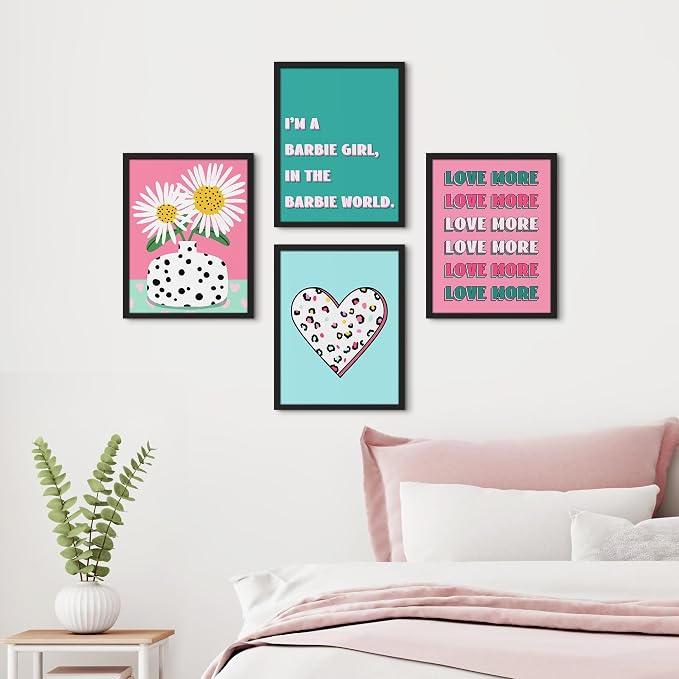 SIGNWIN Framed I'm a Barbie Girl in The Barbie World Wall Art, Set of 4 Heart, Chrysanthemum Illustration Wall Decor Prints, Preppy Room Decor Wall Décor for Living Room, Bedroom - 11"x14"Black