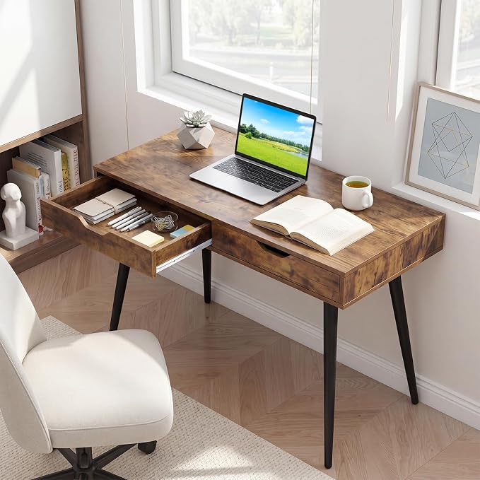 Giantex Mid-Century Desk with 2 Drawers, 42.5" Writing Study Desk with Tapered Legs, Home Office Computer Workstation PC Laptop Desk, Modern Makeup Vanity Table for Bedroom (Walnut)