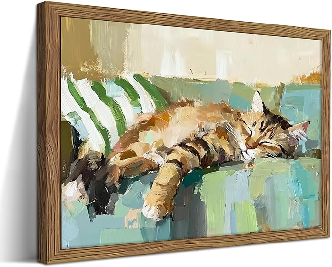 Vintage Abstract Cat Canvas Wall Art, Cute Tabby Cat Sleeping on Sofa Poster, Impressionist Oil Painting Style Picture Prints, Modern Funny Wall Decor for Living Room Bedroom Kids Room 12x16in Frame