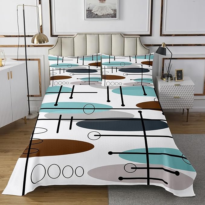 Erosebridal Mid Century Coverlet Twin Size Modern Minimalist Bedding Set, Hippie Old Fashion Bedspread Set Abstract Artwork Quilt Set, Aesthetic Lines Circles Bed Set Teal White Grey