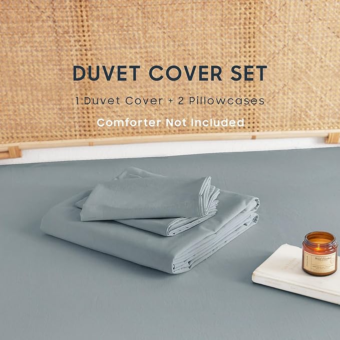 Wake In Cloud - Cotton Duvet Cover Set, 100% Washed Cotton, Linen Like Textured, Breathable Durable Comfy Farmhouse Neutral Bedding Set, 3 Pieces, Light Denim Blue, Twin/Twin XL Size