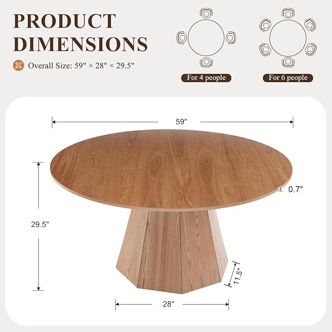 BESTANO 59" Round Dining Table for 4-6 People, Kitchen Dining Room Table with Wooden Pedestal Base, Circle Dinner Pedestal Dining Table for Dining Room (Table Only), Brown