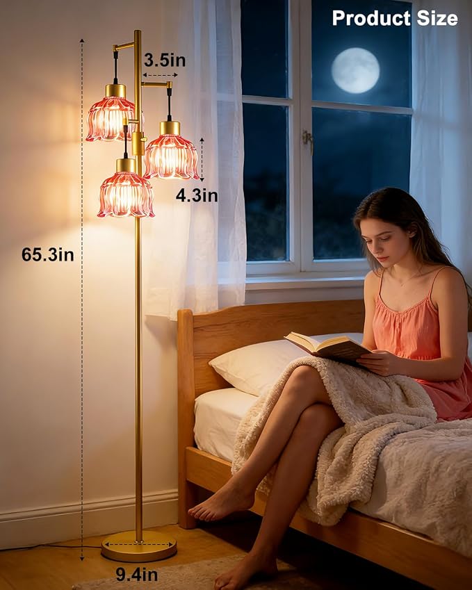 3-Light Modern Glass Floor Lamp, Gold Standing Tall Lamp with Deep Red Vertical Rib Glass Shade, Dimmable LED Floor Lamp with 5Lbs Heavy Base for Living Room Bedroom Home Decor, Bulb Included