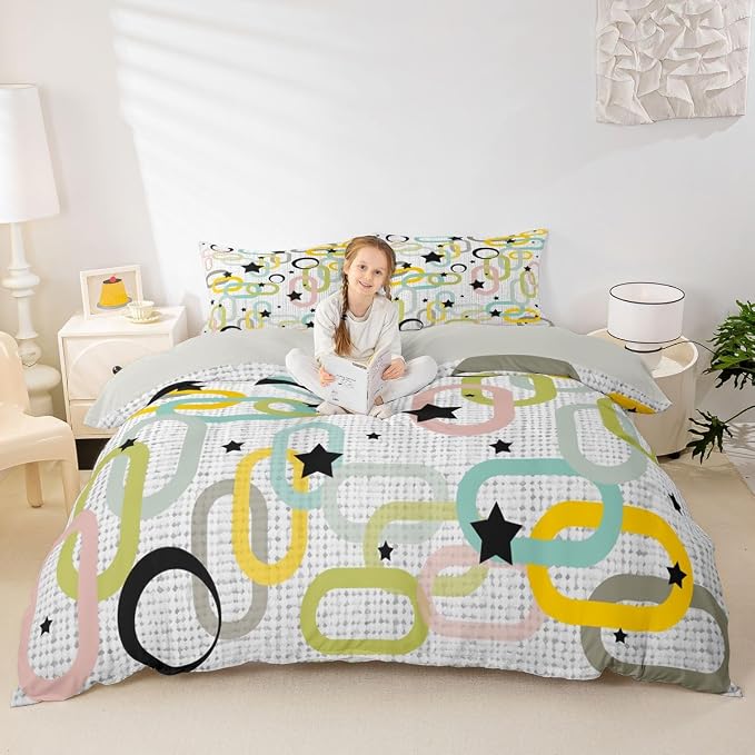 Erosebridal Boho Mid Century Comforter Cover Queen Modern Abstract Geometric Bedding Set Retro Vintage Artistic Aesthetic Duvet Cover for Kids Girls Boys Adults Atomic Minimalism Bed Set