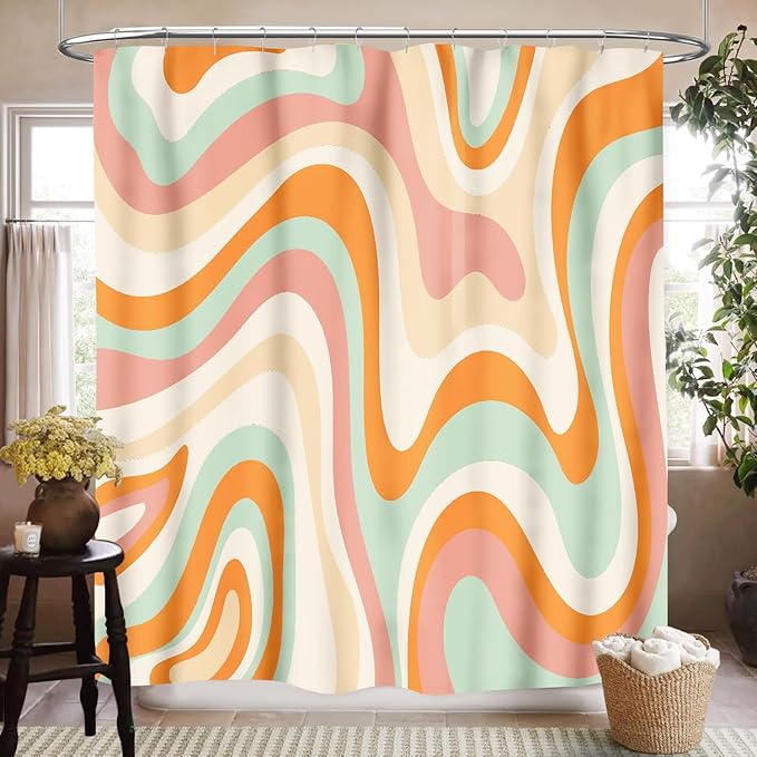 70s Swirl Shower Curtain for Bathroom, Retro Hippie Groovy Orange Colorful Wave Abstract Funky Trippy Vintage Boho Aesthetic Waterproof Fabric Shower Curtain Set with Hooks, 72"x84"