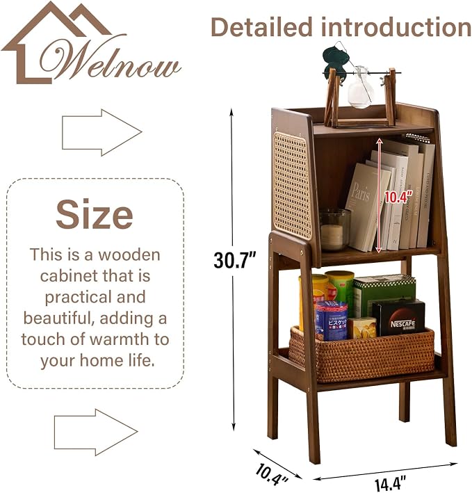 Welnow Bamboo Rattan Bookcase with Cabinet, 1-Tier Storage Shelf with Side Table & End Table Function, Large Modern Wood Organizer for Living Room or Bedroom, Walnut Bookshelf