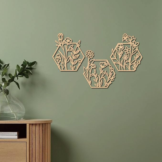 CREATCABIN 3Pcs Flowers Wood Wall Decor Wooden Black Wall Art Decoration Hanging Set Hollowing Out Hexagon Flower Sculpture Laser Cut Wooden Sign Ornament for Home Bedroom Gallery Office 11.8x13.8Inch
